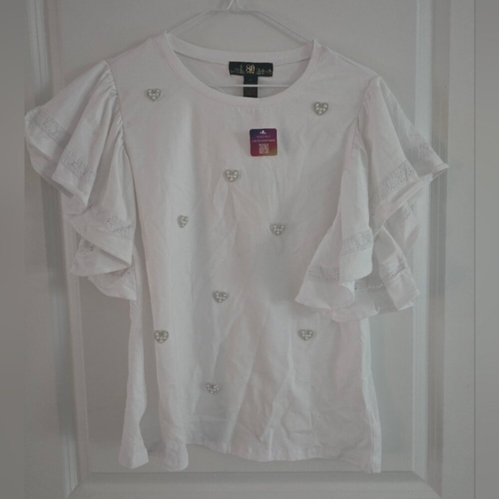 80 Park White Ruffle Sleeve Top Blouse with Heart Accents